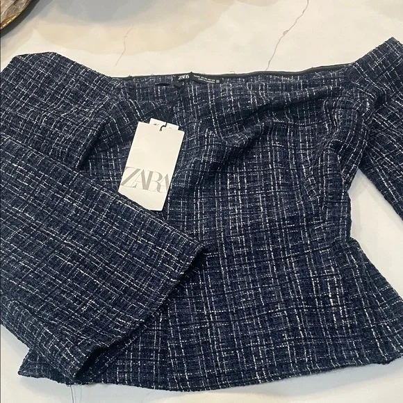 Zara Dark Blue Tweed Off-Shoulder Blouse - Picture 1 of 5